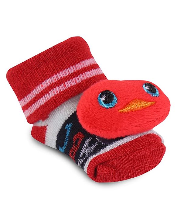 Cute Walk by Babyhug Fabric Slip On Socks Shoes with Duck Applique - Red & Black