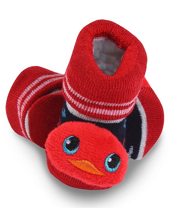 Cute Walk by Babyhug Fabric Slip On Socks Shoes with Duck Applique - Red & Black