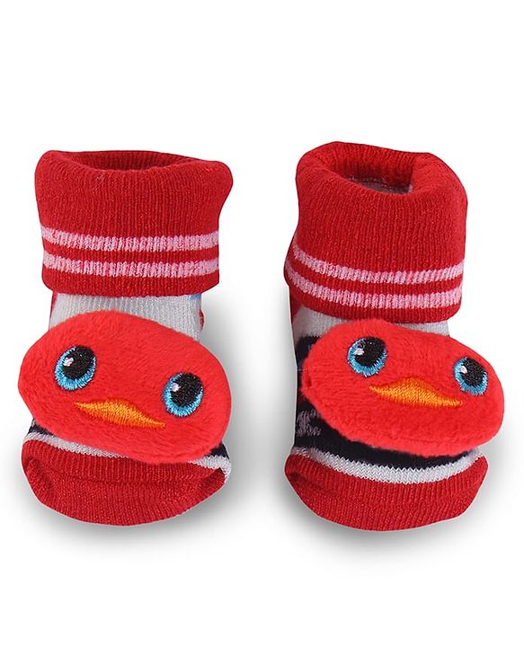 Cute Walk by Babyhug Fabric Slip On Socks Shoes with Duck Applique - Red & Black