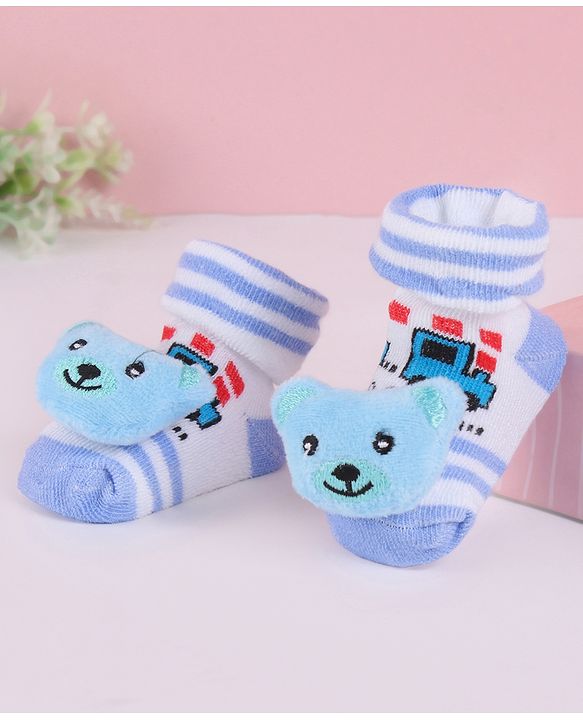 Cute Walk by Babyhug Fabric Slip On Socks Shoes with Bear Applique - Light Blue & White