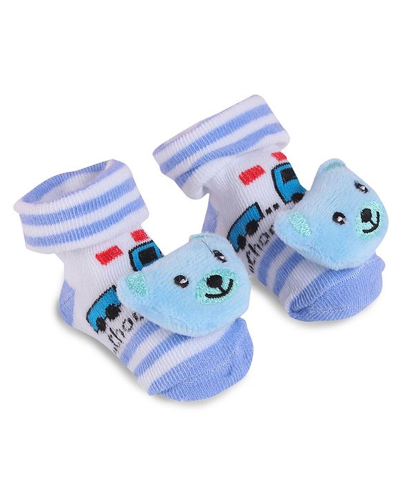 Cute Walk by Babyhug Fabric Slip On Socks Shoes with Bear Applique - Light Blue & White