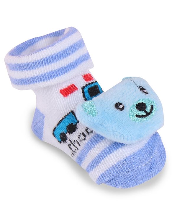 Cute Walk by Babyhug Fabric Slip On Socks Shoes with Bear Applique - Light Blue & White
