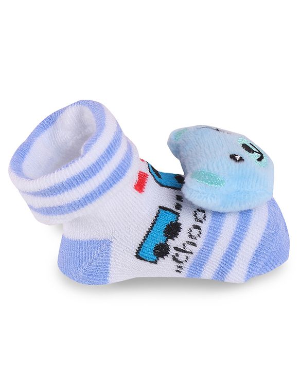 Cute Walk by Babyhug Fabric Slip On Socks Shoes with Bear Applique - Light Blue & White