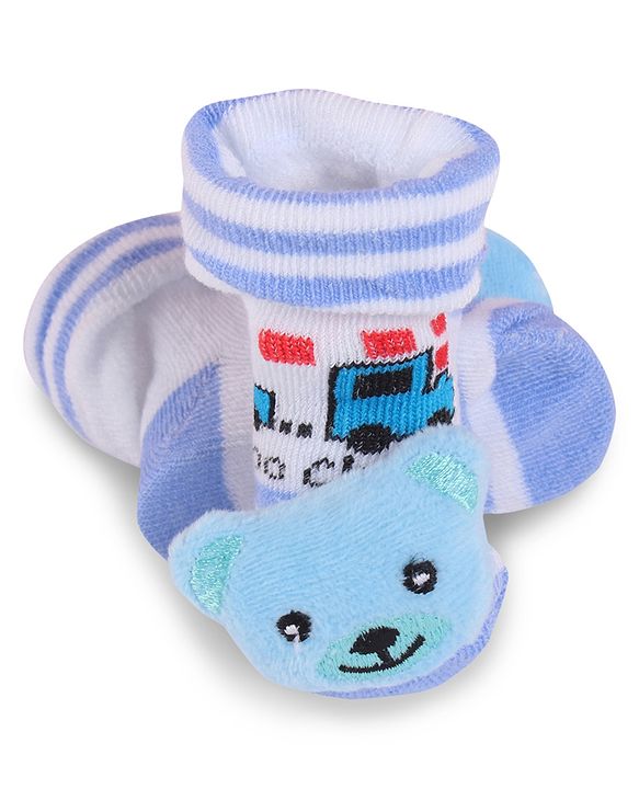 Cute Walk by Babyhug Fabric Slip On Socks Shoes with Bear Applique - Light Blue & White