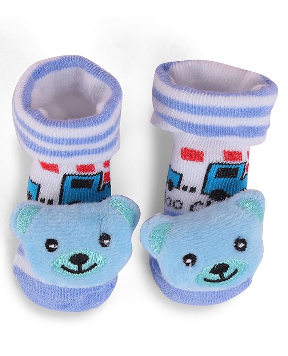 Cute Walk by Babyhug Fabric Slip On Socks Shoes with Bear Applique - Light Blue & White