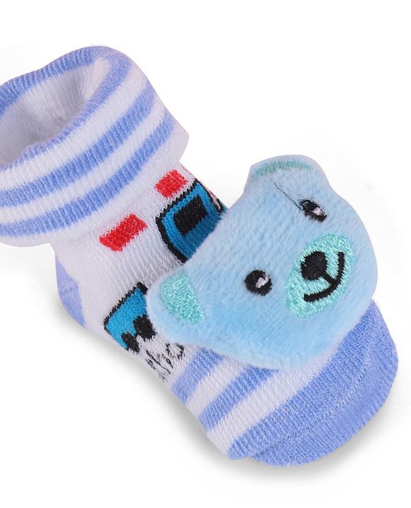 Cute Walk by Babyhug Fabric Slip On Socks Shoes with Bear Applique - Light Blue & White