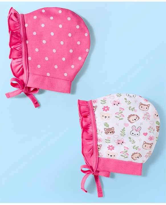 Babyhug 100% Cotton Interlock Knit Bonnet Caps With Polka Dot & Floral Print Pack Of 2 Pink & White - Diameter 11 cm