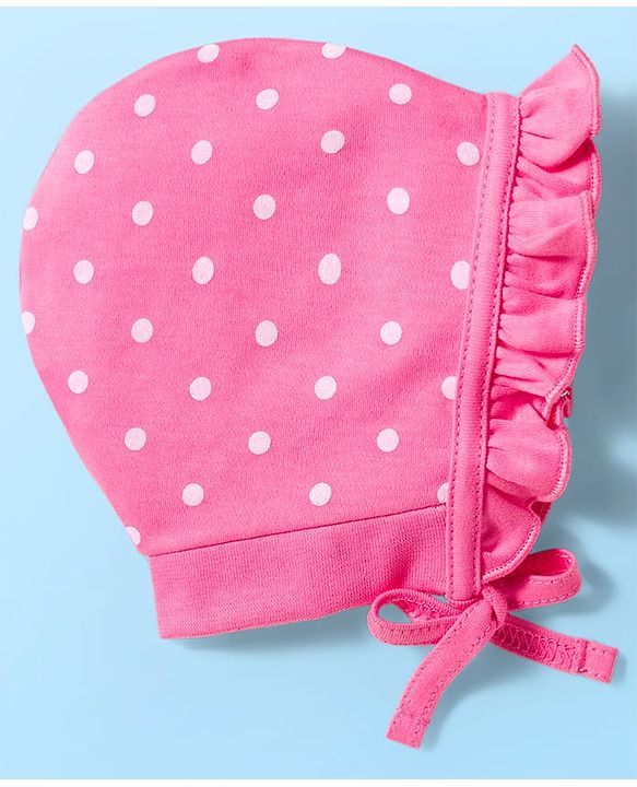 Babyhug 100% Cotton Interlock Knit Bonnet Caps With Polka Dot & Floral Print Pack Of 2 Pink & White - Diameter 11 cm