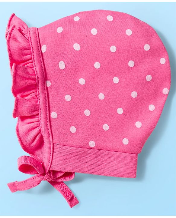 Babyhug 100% Cotton Interlock Knit Bonnet Caps With Polka Dot & Floral Print Pack Of 2 Pink & White - Diameter 11 cm