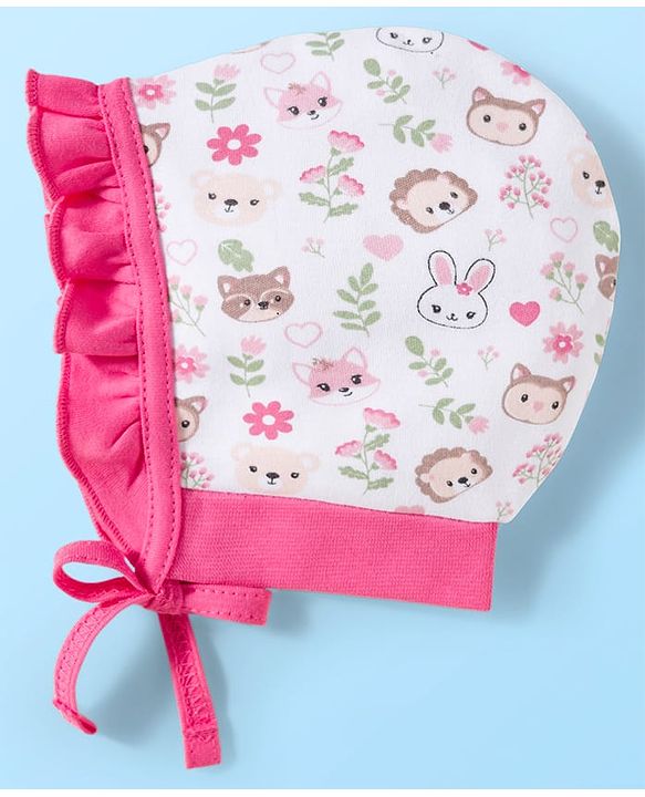 Babyhug 100% Cotton Interlock Knit Bonnet Caps With Polka Dot & Floral Print Pack Of 2 Pink & White - Diameter 11 cm