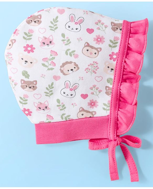 Babyhug 100% Cotton Interlock Knit Bonnet Caps With Polka Dot & Floral Print Pack Of 2 Pink & White - Diameter 11 cm