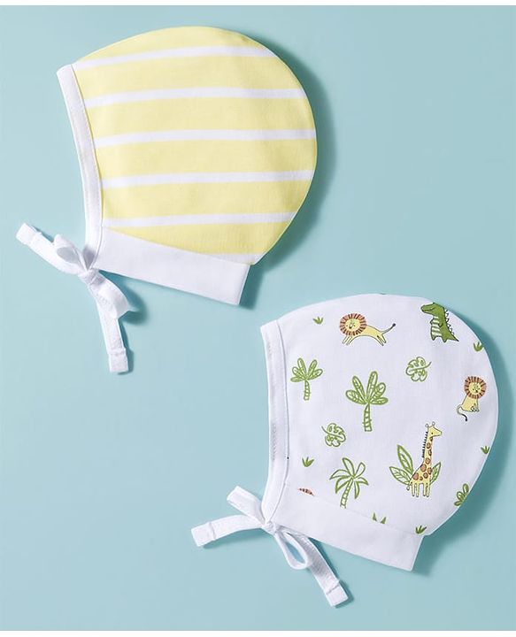 Babyhug 100% Cotton Interlock Knit Caps With Animal Print Pack Of 2 Yellow & White - Diameter 16 cm