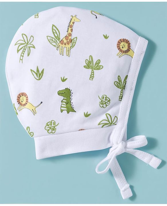 Babyhug 100% Cotton Interlock Knit Caps With Animal Print Pack Of 2 Yellow & White - Diameter 16 cm