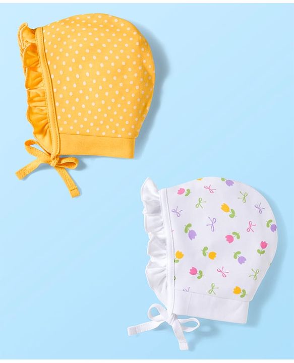 Babyhug 100% Cotton Interlock Knit Caps With Polka Dots & Floral Print Pack Of 2 - Diameter 17 cm