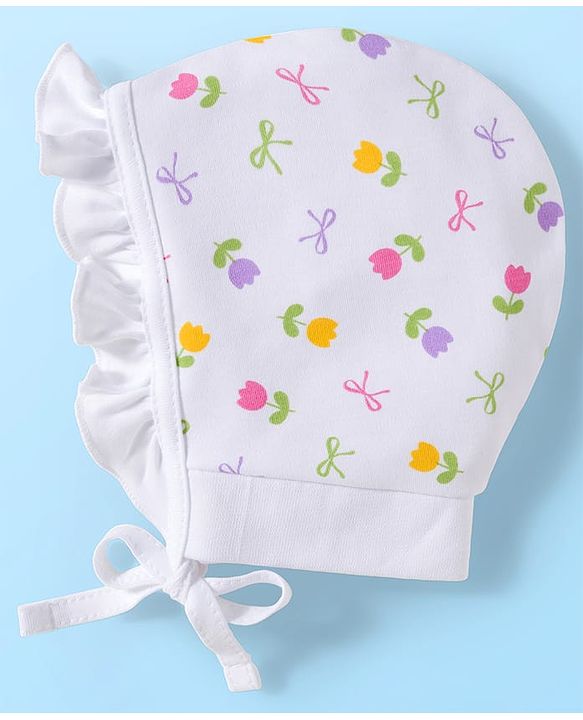 Babyhug 100% Cotton Interlock Knit Caps With Polka Dots & Floral Print Pack Of 2 - Diameter 17 cm