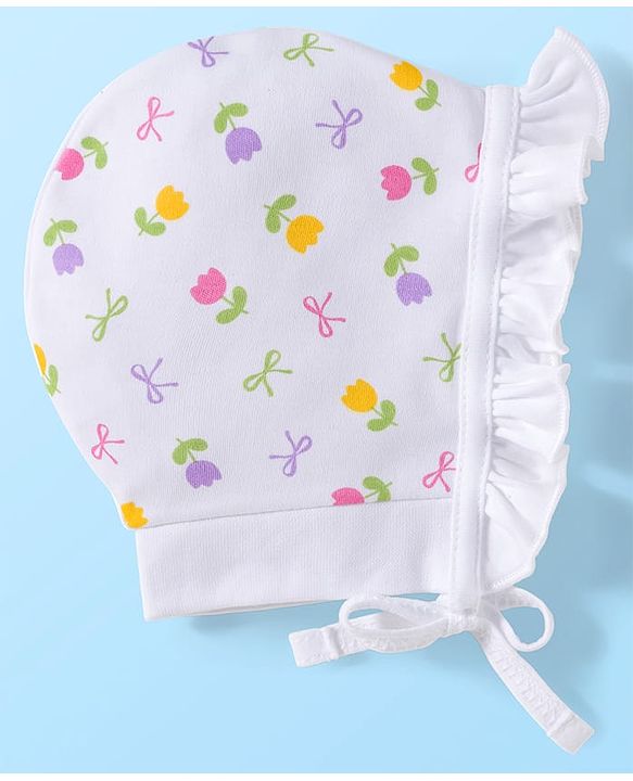 Babyhug 100% Cotton Interlock Knit Caps With Polka Dots & Floral Print Pack Of 2 - Diameter 17 cm