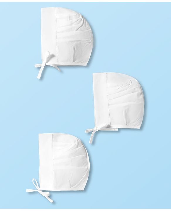 Babyhug 100% Cotton Woven Solid Color Bonnet Cap Pack of 3 White - Diameter 13 cm
