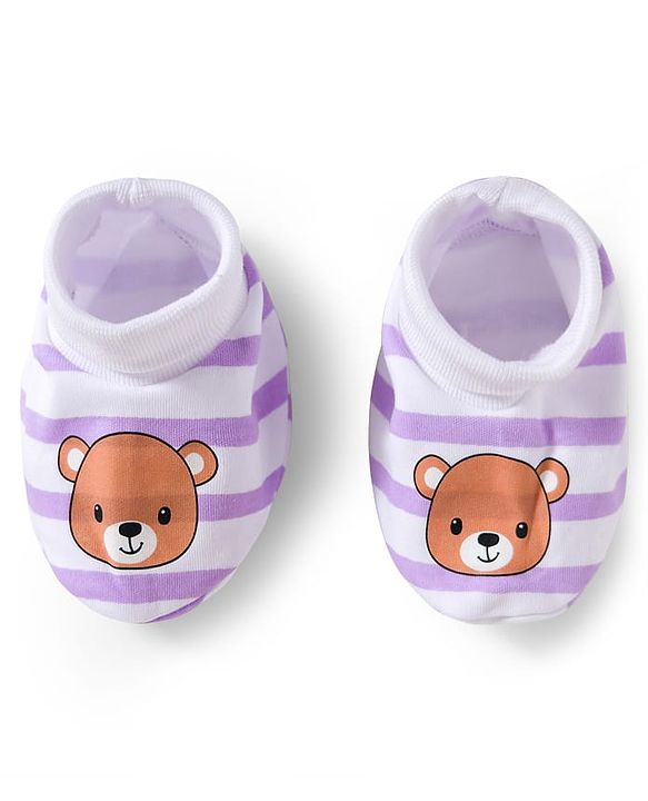 Babyhug 100% Cotton Interlock Knit Mittens & Booties Set With Animal Print - Purple