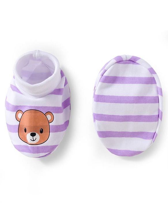 Babyhug 100% Cotton Interlock Knit Mittens & Booties Set With Animal Print - Purple