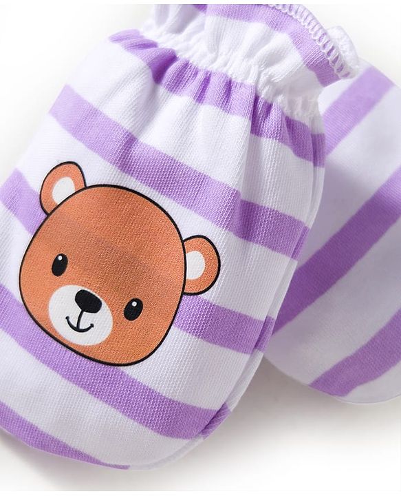 Babyhug 100% Cotton Interlock Knit Mittens & Booties Set With Animal Print - Purple
