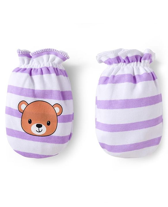 Babyhug 100% Cotton Interlock Knit Mittens & Booties Set With Animal Print - Purple