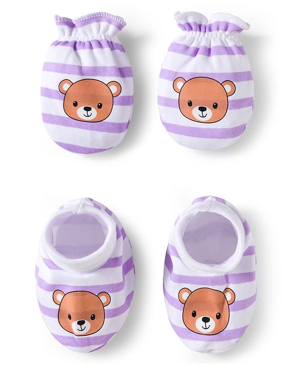 Babyhug 100% Cotton Interlock Knit Mittens & Booties Set With Animal Print - Purple