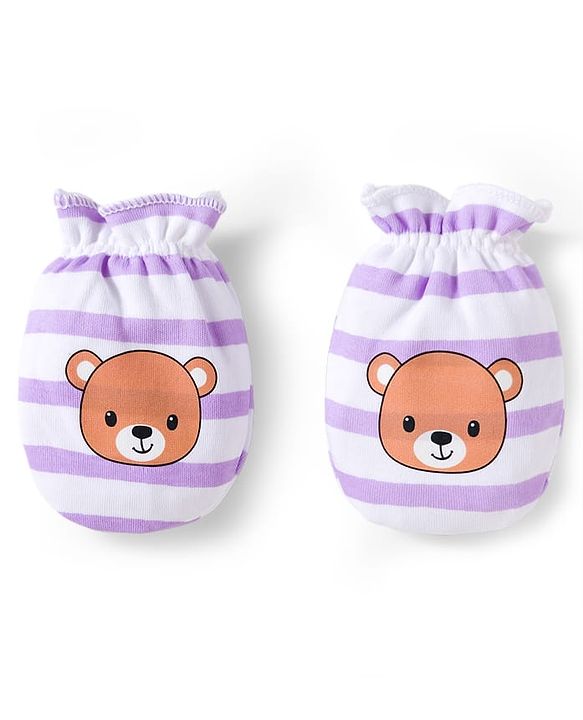 Babyhug 100% Cotton Interlock Knit Mittens & Booties Set With Animal Print - Purple