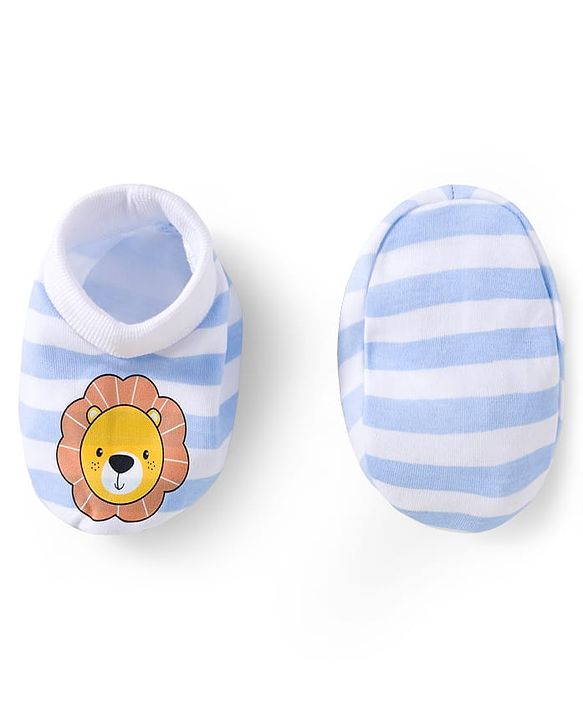 Babyhug 100% Cotton Interlock Knit Mittens & Booties Set With Animal Print - Blue