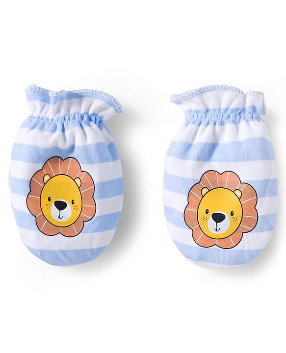Babyhug 100% Cotton Interlock Knit Mittens & Booties Set With Animal Print - Blue