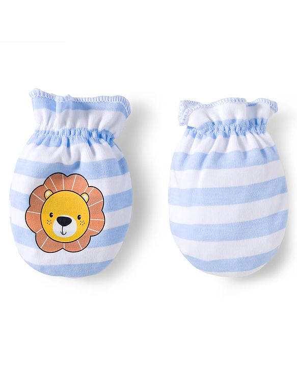 Babyhug 100% Cotton Interlock Knit Mittens & Booties Set With Animal Print - Blue