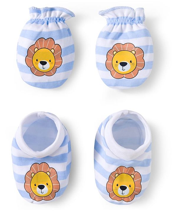 Babyhug 100% Cotton Interlock Knit Mittens & Booties Set With Animal Print - Blue