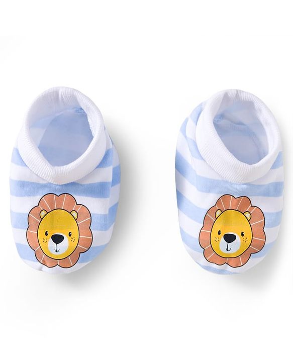 Babyhug 100% Cotton Interlock Knit Mittens & Booties Set With Animal Print - Blue