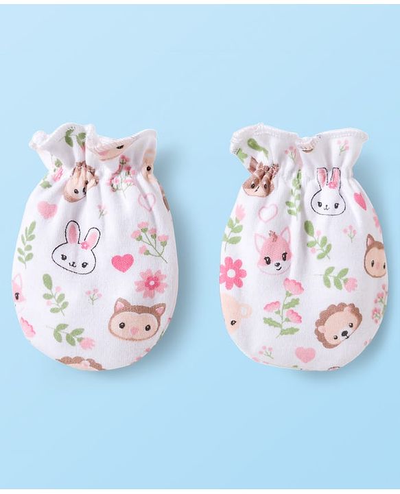 Babyhug 100% Cotton Interlock Knit Cap Mittens & Booties Set With Floral Print Pink & White - Diameter 10.5 cm