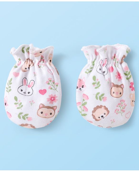 Babyhug 100% Cotton Interlock Knit Cap Mittens & Booties Set With Floral Print Pink & White - Diameter 10.5 cm
