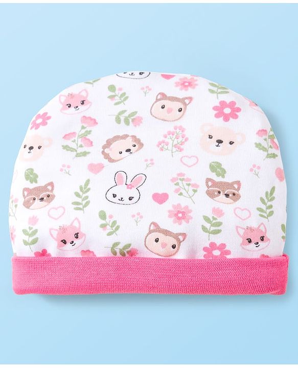 Babyhug 100% Cotton Interlock Knit Cap Mittens & Booties Set With Floral Print Pink & White - Diameter 10.5 cm