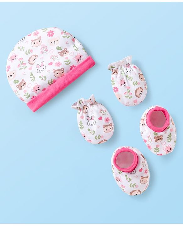 Babyhug 100% Cotton Interlock Knit Cap Mittens & Booties Set With Floral Print Pink & White - Diameter 10.5 cm