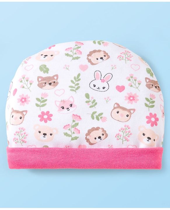 Babyhug 100% Cotton Interlock Knit Cap Mittens & Booties Set With Floral Print Pink & White - Diameter 10.5 cm