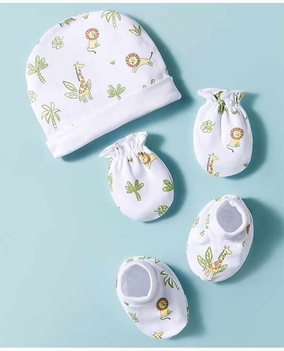 Babyhug 100% Cotton Interlock Knit Cap Mittens & Booties Set With Animal Print White - Diameter 17.5 cm