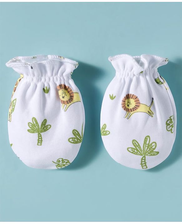 Babyhug 100% Cotton Interlock Knit Cap Mittens & Booties Set With Animal Print White - Diameter 17.5 cm