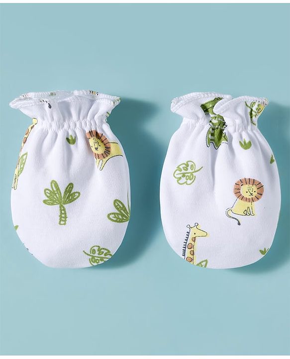 Babyhug 100% Cotton Interlock Knit Cap Mittens & Booties Set With Animal Print White - Diameter 17.5 cm