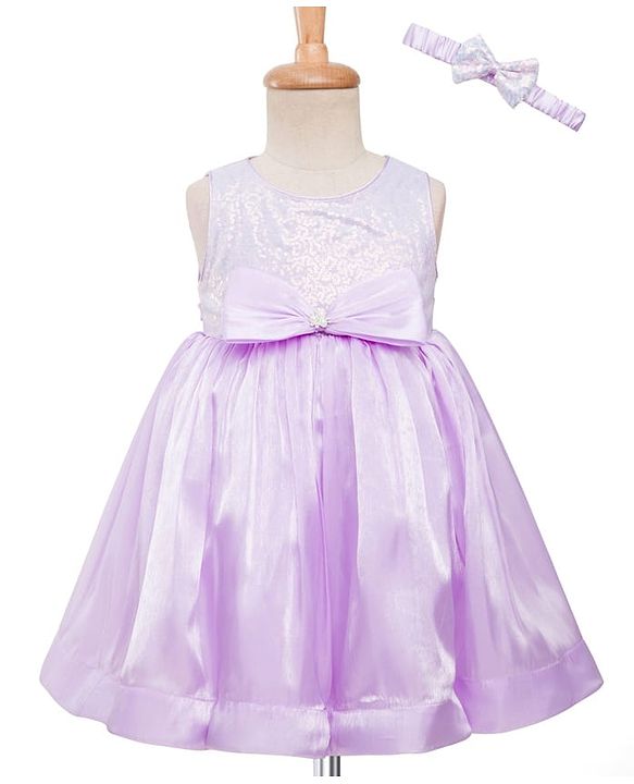Babyhug Woven Sleeveless Party Dress with Headband  Sequin Detailing & Bow Applique - Lavender