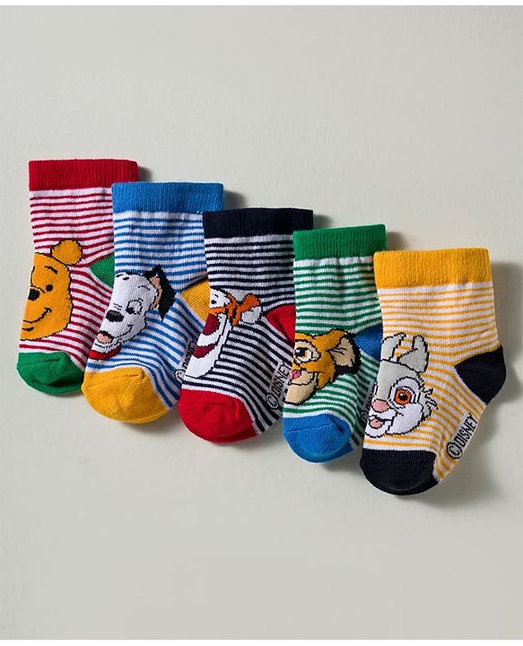 Cute Walk by Babyhug Disney Knited Ankle Length Anti Bacterial Socks With Disney Character Design Pack Of 5 - Multicolour