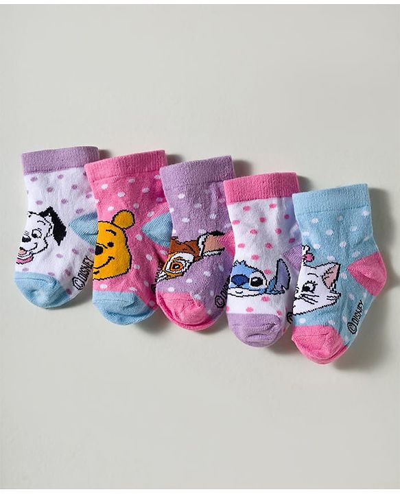 Cute Walk by Babyhug Disney Knitted Ankle Length Anti Bacterial Socks With Disney Character Design Pack Of 5 - Multicolour