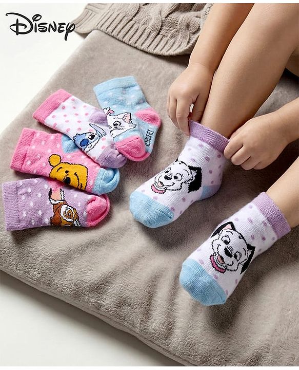 Cute Walk by Babyhug Disney Knitted Ankle Length Anti Bacterial Socks With Disney Character Design Pack Of 5 - Multicolour