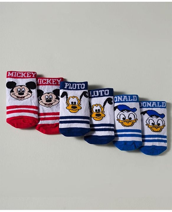 Cute Walk by Babyhug Disney  Knitted Ankle Length Anti Bacterial Socks With Mickey Mouse and Friends Graphic Pack of 3 - Red & Blue