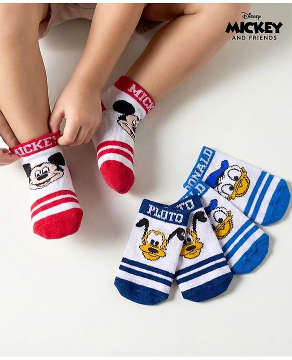 Cute Walk by Babyhug Disney  Knitted Ankle Length Anti Bacterial Socks With Mickey Mouse and Friends Graphic Pack of 3 - Red & Blue
