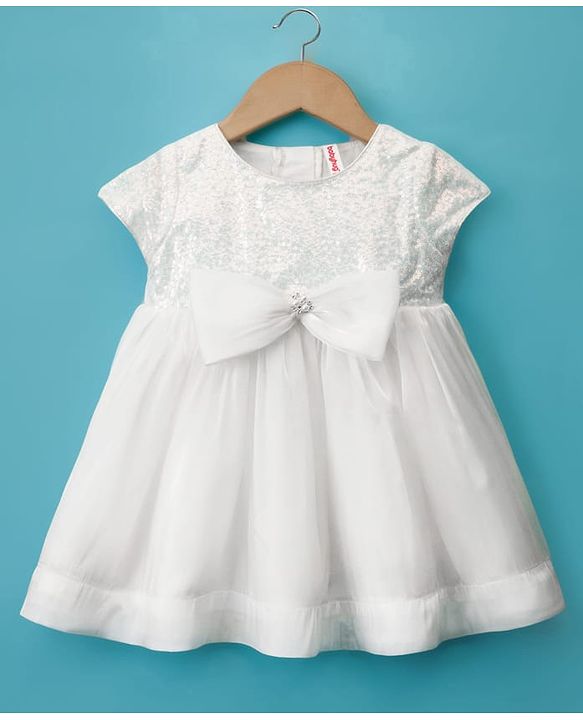 Babyhug Woven Half Sleeves Party Dress with Headband Sequin Detailing & Bow Applique - White