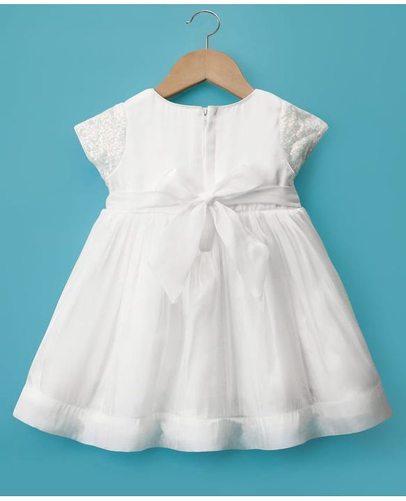 Babyhug Woven Half Sleeves Party Dress with Headband Sequin Detailing & Bow Applique - White