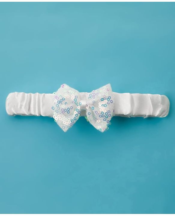Babyhug Woven Half Sleeves Party Dress with Headband Sequin Detailing & Bow Applique - White