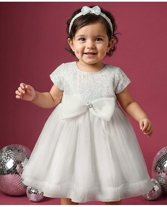 Babyhug Woven Half Sleeves Party Dress with Headband Sequin Detailing & Bow Applique - White